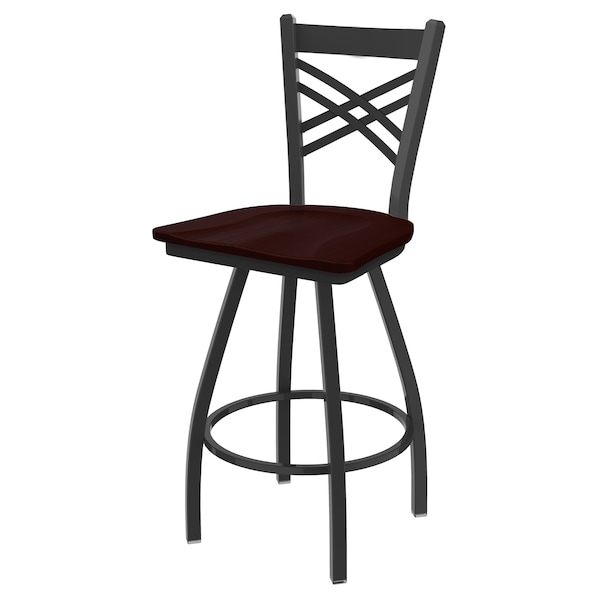 36" Swivel Bar Stool, Pewter Finish, Dark Cherry Oak Seat